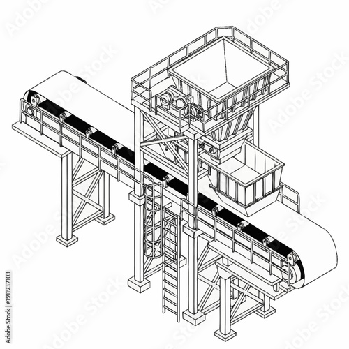 Industrial conveyor belt system with multiple levels and metal framework.