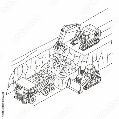 Quarry excavation with excavator and dump truck in operation.