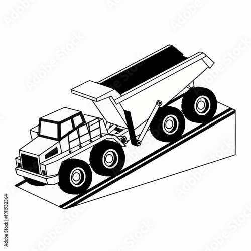 Black and white illustration of a dump truck on an inclined plane.
