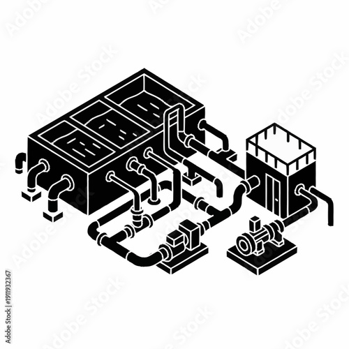 Industrial water treatment plant diagram with pipes and tanks.