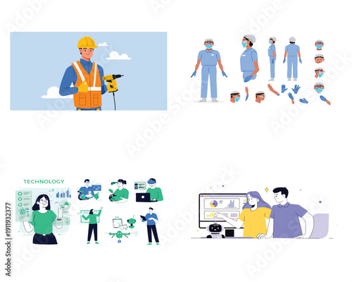 Collection of Vector Illustrations Featuring Professionals, Technology, Healthcare, and Construction