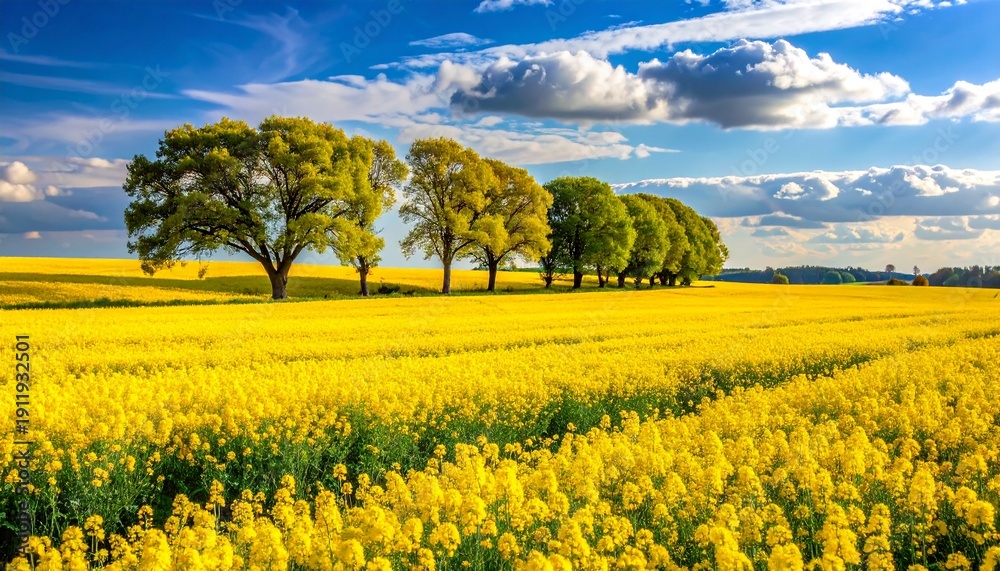 Fototapeta premium Golden rapeseed field with trees in the background on a bright spring day.