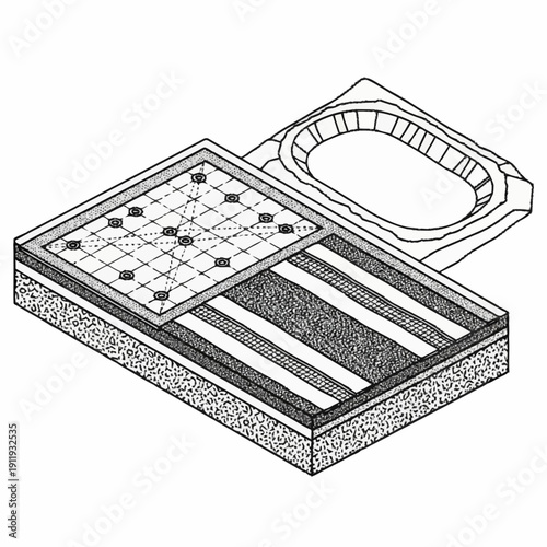 Detailed illustration of an ashtray with a grid pattern and cigarette butts.
