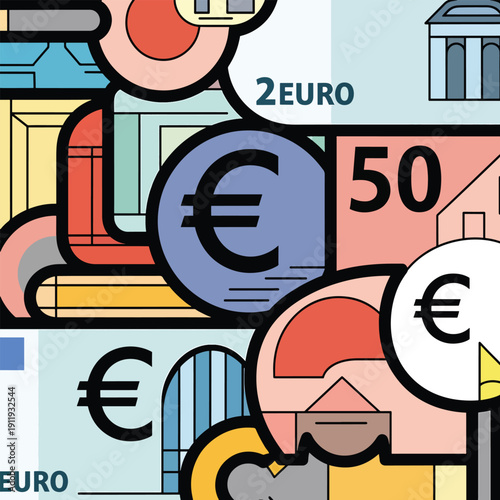Euro currency illustration featuring various denominations and financial elements in a stylized graphic representation