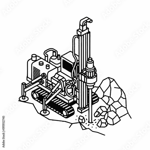 Industrial drilling machine operating on rocky terrain.
