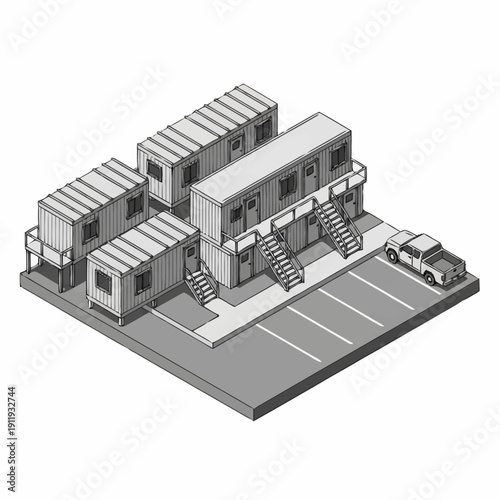 Isometric illustration of a modern shipping container building complex with parking.