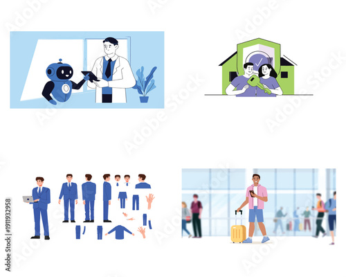 Diverse Flat Design Vector Illustration Set Featuring Technology, Lifestyle, Business, and Travel Themes