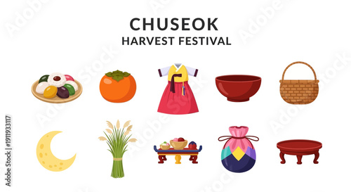 Chuseok Harvest Festival icons including rice cakes persimmon hanbok bowls basket crescent moon grass and table