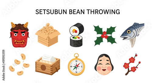 Icons related to Setsubun bean throwing including a mask beans sushi and compass