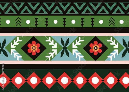 This seamless ethnic illustration displays multiple horizontal stripes containing red flowers, geometric diamonds, white leaves, and green and blue triangles.