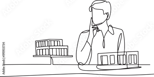 One Line Art of an Architect Holding a Model Building Thoughtfully – Minimal Black and White Illustration