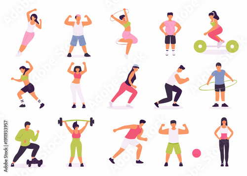 Diverse group of people performing various fitness exercises and activities