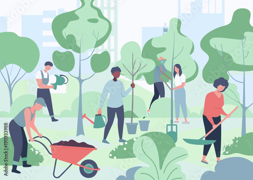 Community volunteers planting trees and gardening in a vibrant park scene
