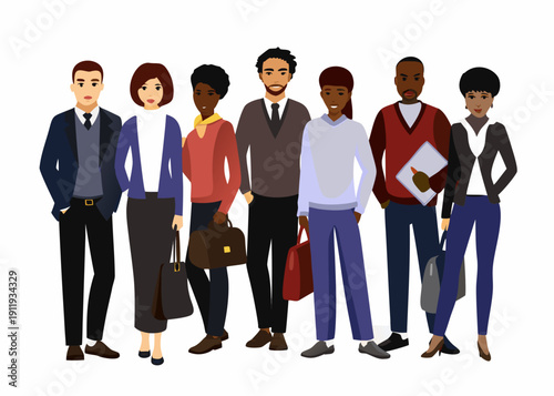 Diverse group of professionals standing together in a stylized illustration