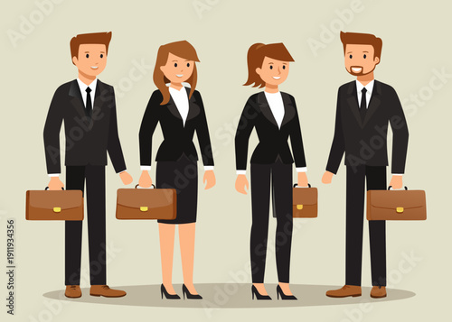Four business professionals standing in a row all formally dressed
