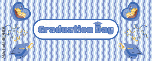 Graduation Day banner with confetti gifts and mortarboard cap Class of 2026