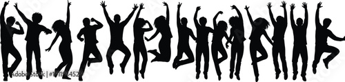 Vector set of black silhouettes of happy people jumping and dancing in celebration, isolated crowd of energetic men and women for party design