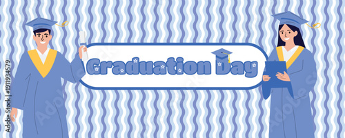 Graduation Day banner with graduates in mortarboard caps and academic gowns holding diplomas Class of 2026