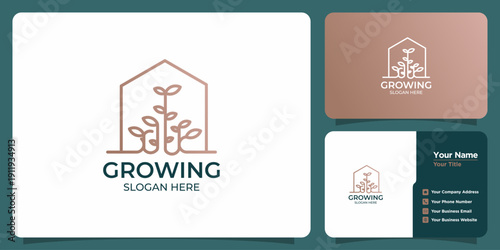 Gradient Line Art House Growing Plant Logo Vector Icon