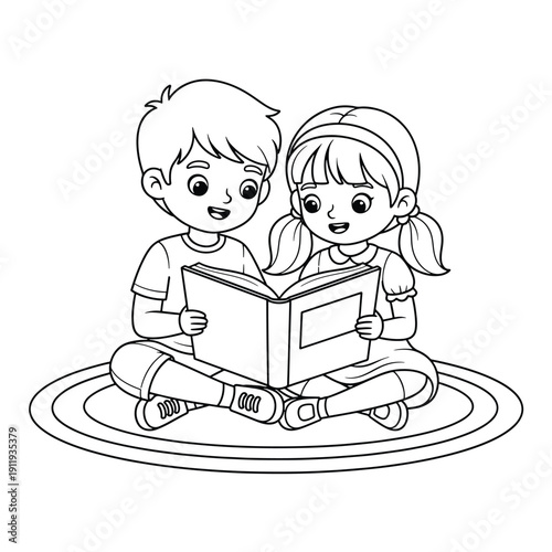 A boy and a girl sit cross-legged on a mat, happily reading an open book together, illustrating childhood education and shared learning