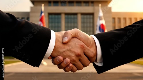 official handshake of north and south korea leaders in front of government building with national flags showing historical unification moment