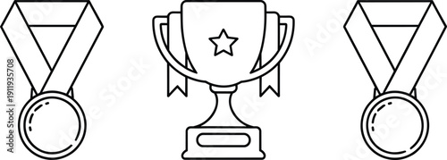 Line Art Trophy and Achievement Medal Icon Set, Success Award and Winner Celebration Vector