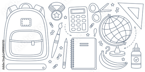 Back to school outline vector set. School supplies line art illustration collection with backpack, notebook, globe, calculator, scissors, ruler, glue. Isolated on white background. Coloring page desig
