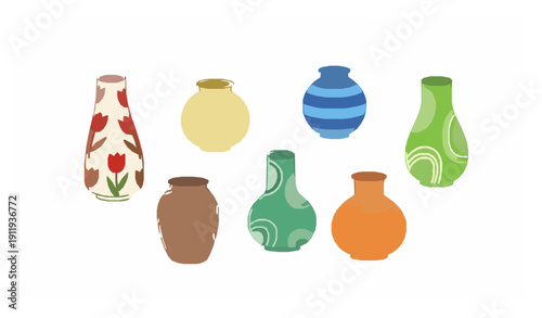 Ceramic vases vector collection with colorful pottery, antique cups, and decorative floral patterns for home decor and interior design