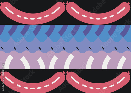 Abstract colorful pattern with red sausages and wavy geometric shapes on a black background.
