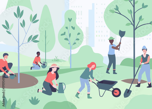 Community gardening in a city park with diverse volunteers planting trees
