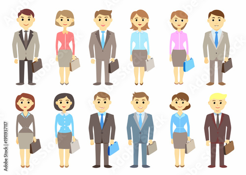 Diverse group of cartoon business people standing in two rows