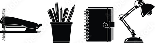 Set of office supply icons featuring a stapler, pen holder with pencils, spiral notebook, and desk lamp in flat black style for workspace design.