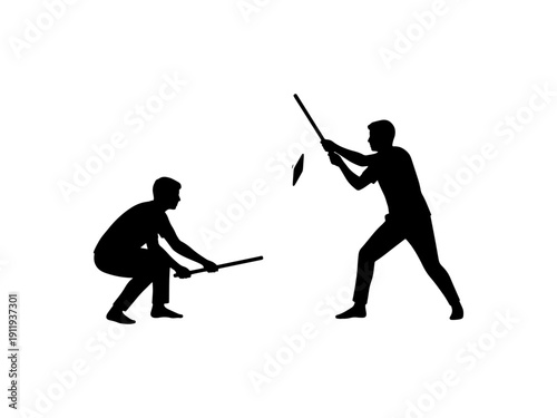 Black silhouette illustration of people playing Gilli Danda, a traditional amateur outdoor sport popular in India and South Asia, featuring players with sticks and a wooden peg.