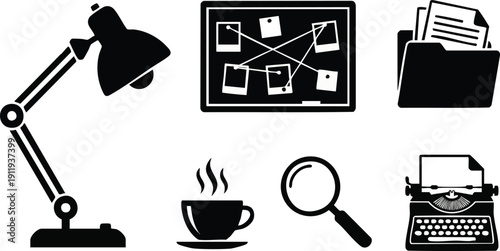 Office Supplies and Tools Silhouette Icons.