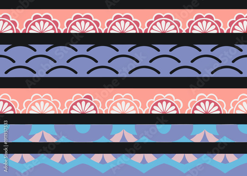 Seamless horizontal pattern with bands of peach floral scallops blue waves and purple geometric petal shapes separated by thin black stripes.
