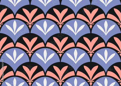 Art deco style seamless pattern with colorful scalloped shapes and floral leaf motifs