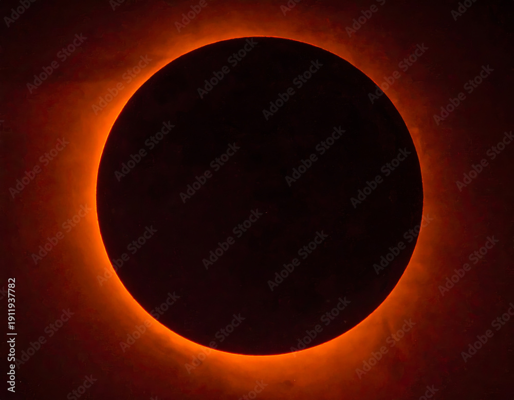 Obraz premium Full Solar Eclipse 3D Illustration, Dark Moon Covering Sun with Glowing Corona Space Background
