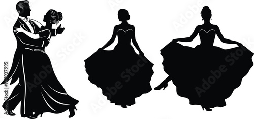 Vector silhouettes of elegant ballroom dancers and women in beautiful gala evening gowns, isolated set for wedding invitations, prom, and formal party design