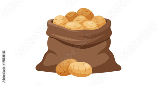 Brown burlap sack overflowing with freshly harvested brown potatoes ready for market display