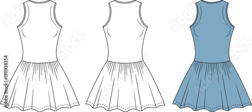 Sleeveless dress fashion technical illustration set with pleated skirt women clothing vector template flat design isolated on white background for apparel production