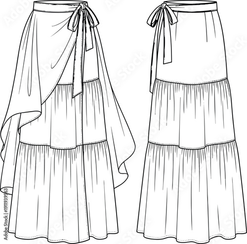 Technical fashion flat sketch of a women long tiered maxi wrap skirt with waist tie and ruffled layers isolated on white background vector
