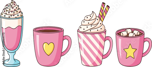 Cute Pink Hot Chocolate and Coffee Cups Vector Illustration Set with Whipped Cream, Marshmallows and Cozy Winter Drink Design