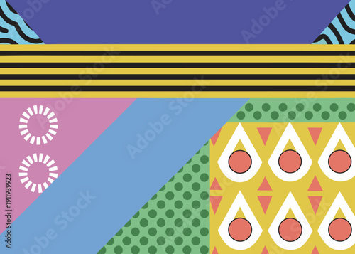 Colorful Bauhaus inspired geometric pattern integrates a lavender area with white circles a diagonal blue band and a yellow section with teardrop shapes and green dots.