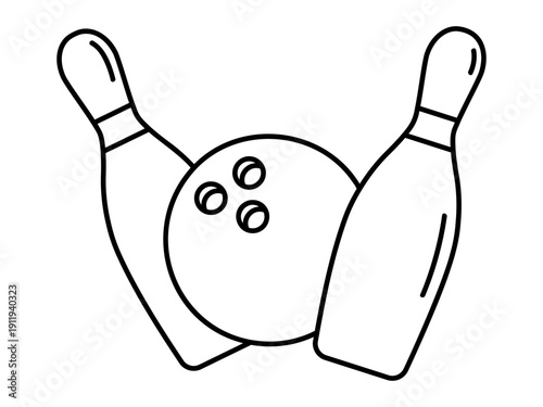 Hand drawn cute outline illustration of bowling strike. Flat vector line art sport recreation game doodle. Ball and skittles sticker. Healthy lifestyle icon. Lucky throw. Competition winner. Isolated