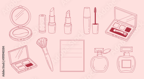 Collection of cosmetic products and makeup essentials beautifully illustrated in a minimalist line art style on a soft pink background