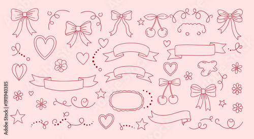 Hand drawn doodle elements in red on pink background with bows hearts cherries and banners for design