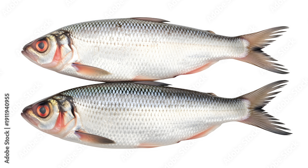 Obraz premium Two white fish isolated on transparent background with reflective mirror image below