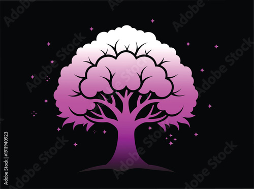 Fotografie Magical pink gradient tree silhouette with sparkling stars on black background