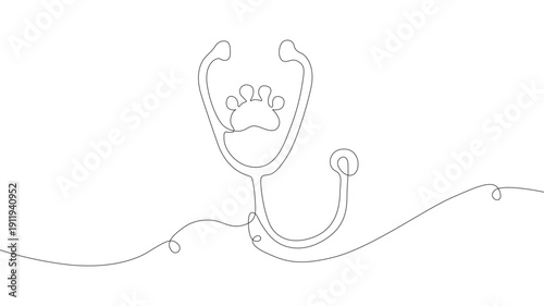 Continuous one-line drawing of a stethoscope with an animal paw. Vector, Veterinary hospital. .