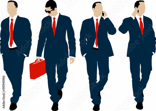 Four silhouetted businessmen walking with briefcases and phones